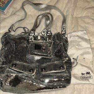 Coach Poppy Special Edition Metallic Silver Sequin Shoulder Bag